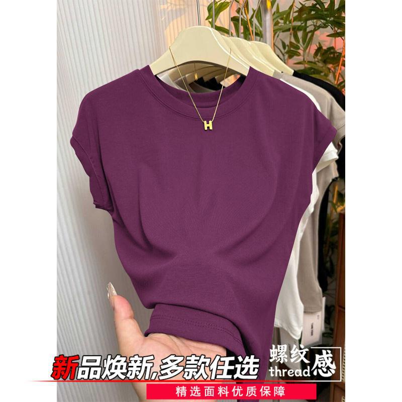 Ice Silk Right Shoulder Short-Sleeved T-Shirt for Women 2025 Summer New Pure Color Small Flying Sleeves Summer High Elastic Round Neck Korean Style Top Dragon fruit [cm718 single pack]