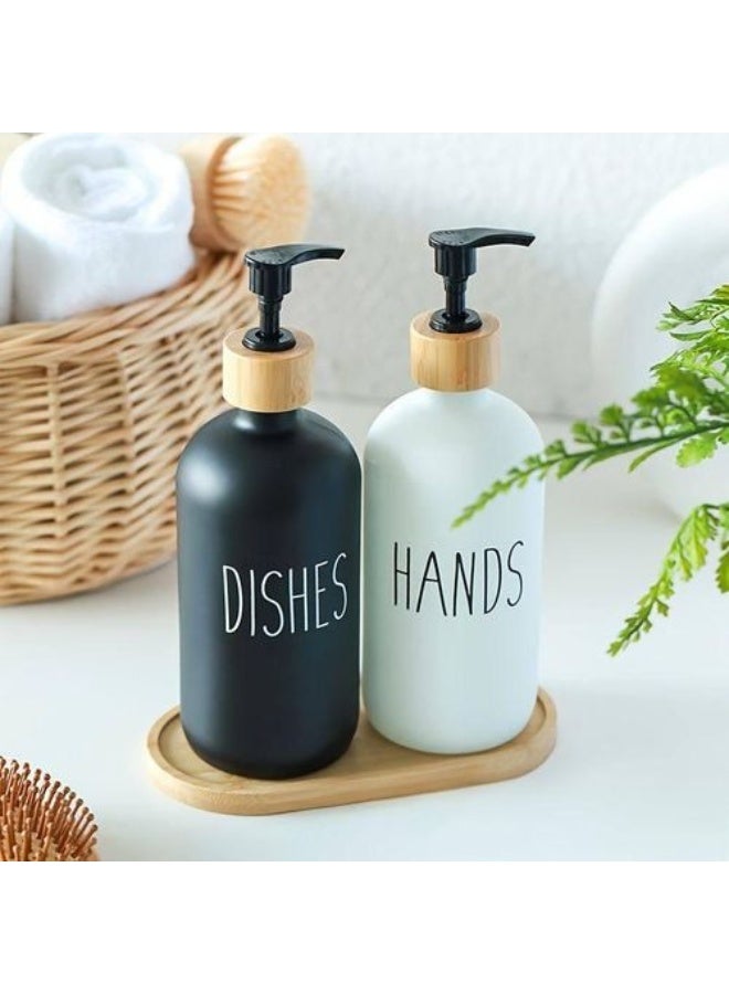 صوب موزع صابون لليدين بسعة 500 ملليتر، عبوة من قطعتين، موزع صابون زجاجي سائل قابل لاعادة الملء للحمام مع مضخة وصينية من البامبو، مجموعة موزع صابون لليدين والأطباق والمطبخ    ( أسود وأبيض)- 142 - Image 3