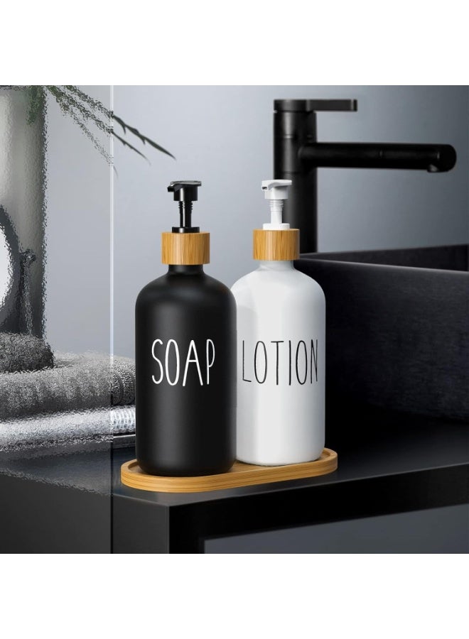 صوب موزع صابون لليدين بسعة 500 ملليتر، عبوة من قطعتين، موزع صابون زجاجي سائل قابل لاعادة الملء للحمام مع مضخة وصينية من البامبو، مجموعة موزع صابون لليدين والأطباق والمطبخ    ( أسود وأبيض)- 142 - Image 2