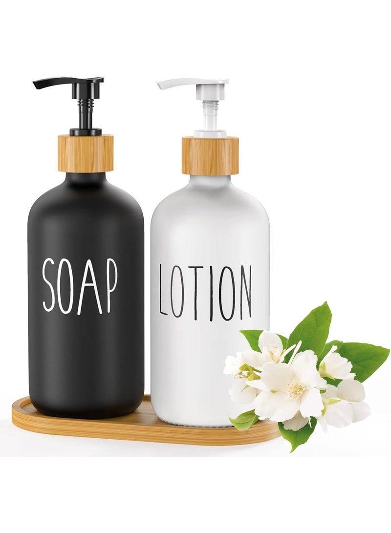 صوب موزع صابون لليدين بسعة 500 ملليتر، عبوة من قطعتين، موزع صابون زجاجي سائل قابل لاعادة الملء للحمام مع مضخة وصينية من البامبو، مجموعة موزع صابون لليدين والأطباق والمطبخ    ( أسود وأبيض)- 142 - Image 1