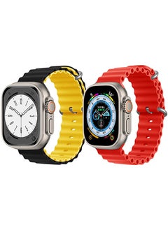 Silicone Ocean Band Strap for Apple Watch Ultra 8 49mm Black/Yellow Double Side Strap with Red Single Color Strap Set of 2
