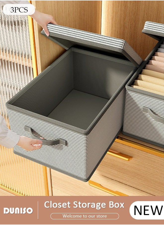 DUNISO 3 Pack Closet Storage Box with Lid and Handle, Stackable Wardrobe Clothes Organizer, Foldable Closet Storage Basket, Cube Storage Bins for Clothing, T-Shirt, Jeans, Sweaters, Toys & Books (18L)  - Image 1