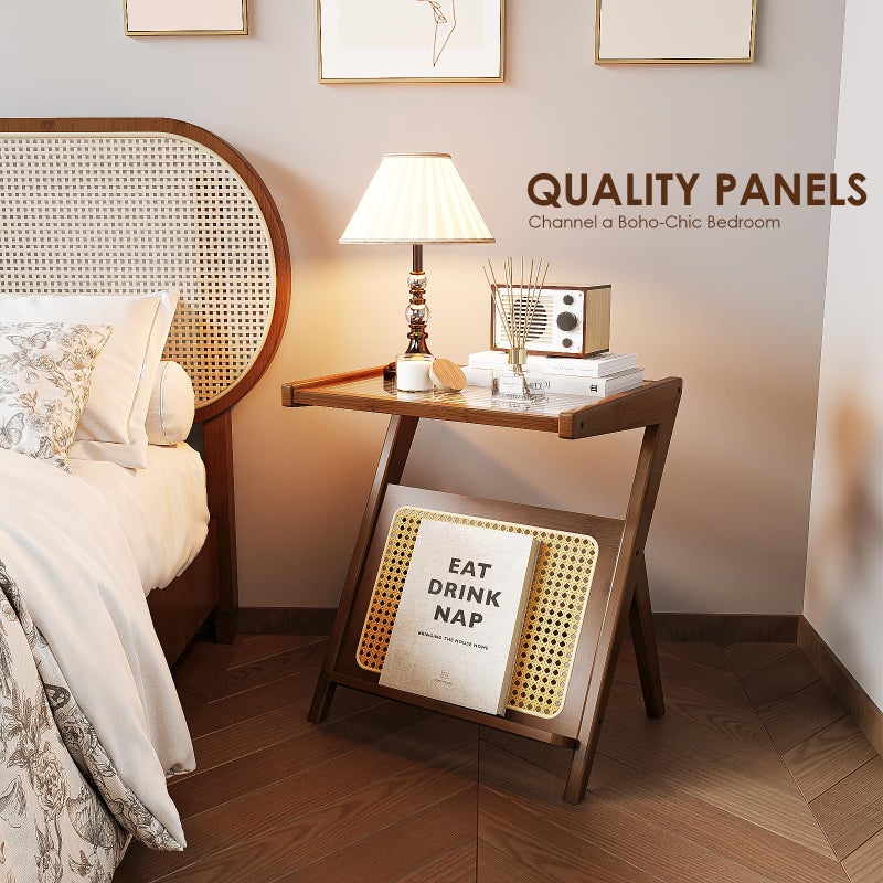 Bamworld Rattan Side Table Boho NightStand Mid Century Modern End Table Glass Bedside Table Small End Tables Bamboo Coffee Table with Storage Record Player Stand for Living Room Bedroom - Image 3