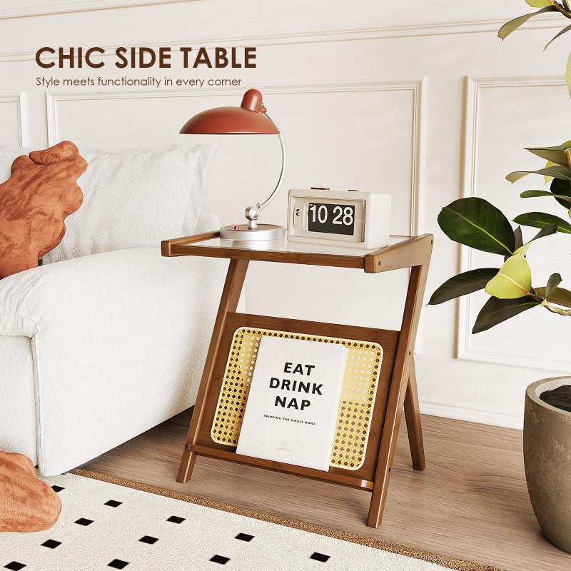 Bamworld Rattan Side Table Boho NightStand Mid Century Modern End Table Glass Bedside Table Small End Tables Bamboo Coffee Table with Storage Record Player Stand for Living Room Bedroom - Image 4