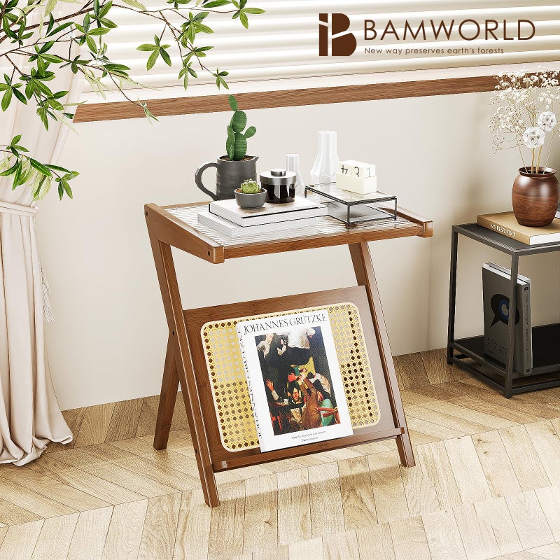 Bamworld Rattan Side Table Boho NightStand Mid Century Modern End Table Glass Bedside Table Small End Tables Bamboo Coffee Table with Storage Record Player Stand for Living Room Bedroom - Image 2