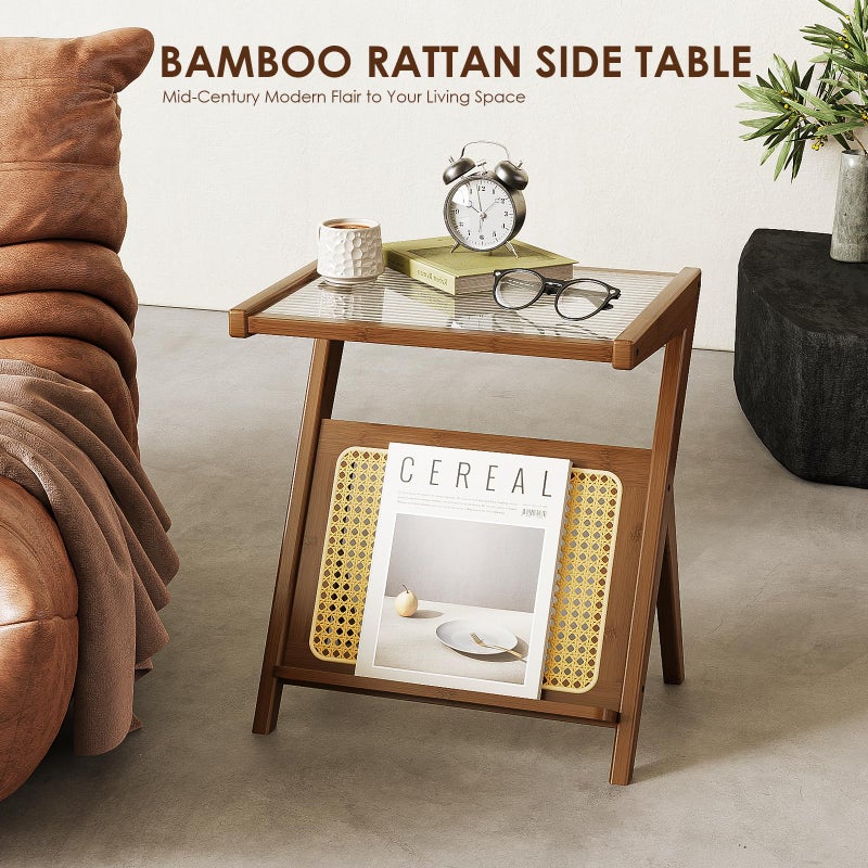 Bamworld Rattan Side Table Boho NightStand Mid Century Modern End Table Glass Bedside Table Small End Tables Bamboo Coffee Table with Storage Record Player Stand for Living Room Bedroom - Image 5