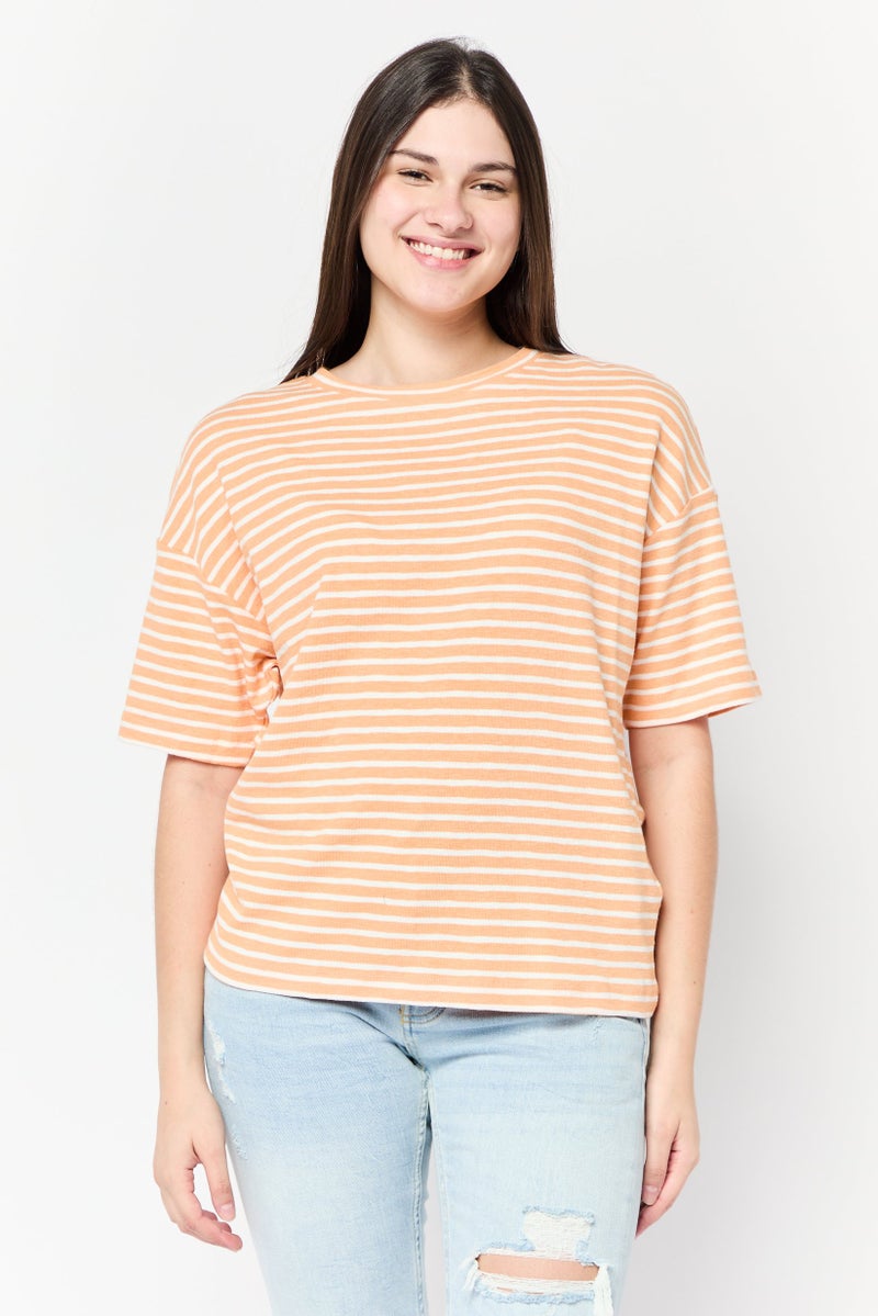 ESPRIT Women Crew Neck Short Sleeves Yarn Dye T-Shirt, Multicolor - Image 1