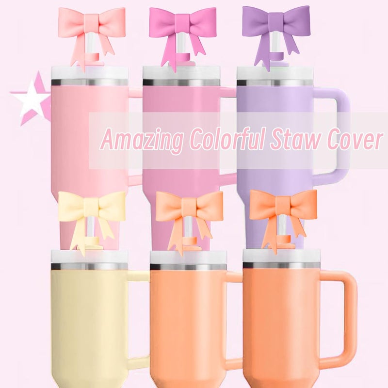 Hpebl 6Pcs Silicone Straw Toppers Covers for Stanley Cups 40/30oz 10mm(0.4in) Cream Dust-Proof Bow Straw Covers Toppers Orange Suitbale for Stanley Cup Accessories Reusable Straws Caps - Image 5