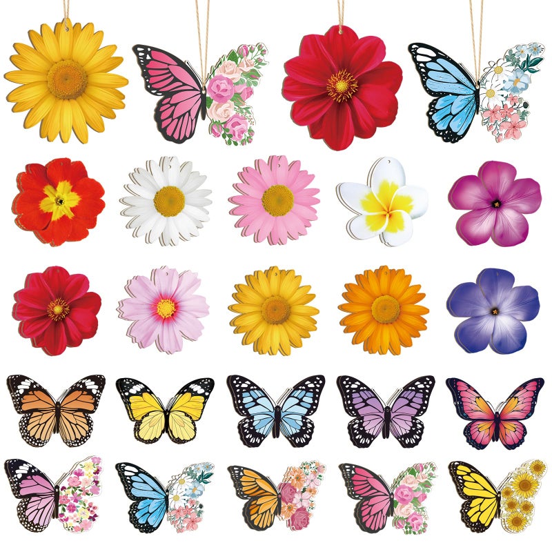 Sophena 40 Pcs Spring Flower Butterfly Ornaments Decoration 20 Styles Wood Flower Butterfly Cutouts Ornament for Home Crafts Hanging Summer Birthday Wedding Party Decorations - Image 1