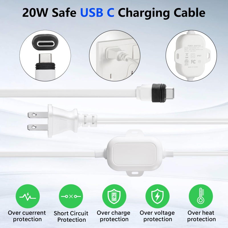 ALERTCAM Weatherproof Power Cord for Spotlight Cam Plus/Pro (Battery), 25ft USB-C Outdoor Charging Cable for Continuous Camera Power Supply, White - Image 4