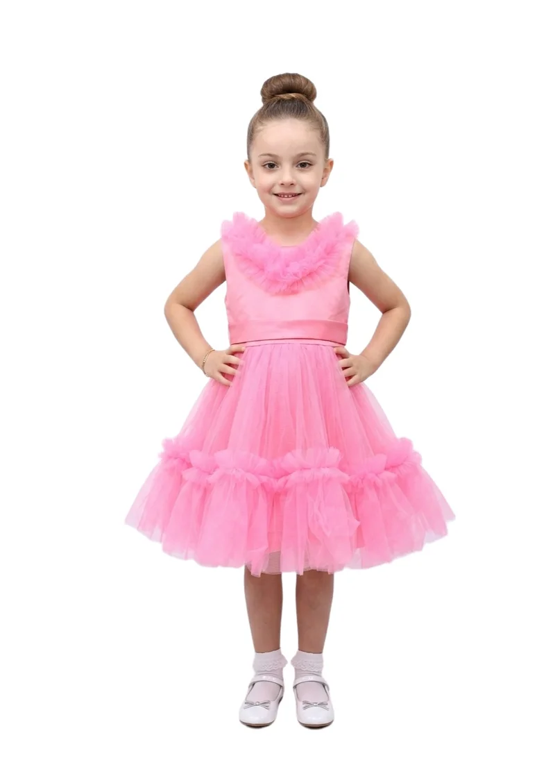 بيداني Girls' Tiered Tulle Ruffle Dress - Dark Pink