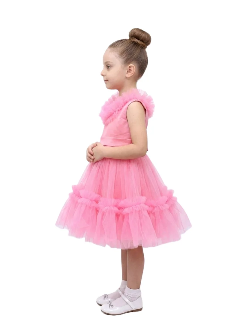بيداني Girls' Tiered Tulle Ruffle Dress - Dark Pink