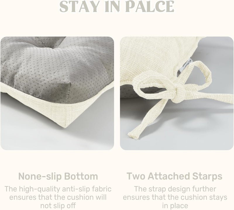 puredown ® Chair Cushions for Dining Chairs, Tufted Memory Foam Chair Pads with Non-Slip Backing, Kitchen Seat Cushions with Ties, Washable Seat Pads Set of 4, 15.5" x 15.5" x 4", Ivory - Image 5