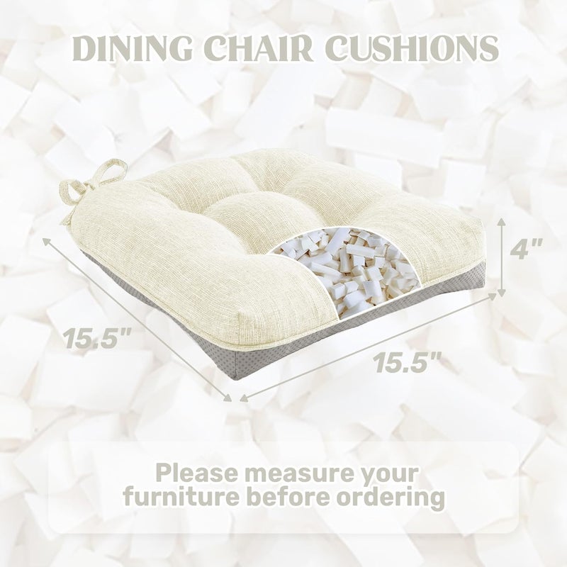 puredown ® Chair Cushions for Dining Chairs, Tufted Memory Foam Chair Pads with Non-Slip Backing, Kitchen Seat Cushions with Ties, Washable Seat Pads Set of 4, 15.5" x 15.5" x 4", Ivory - Image 2