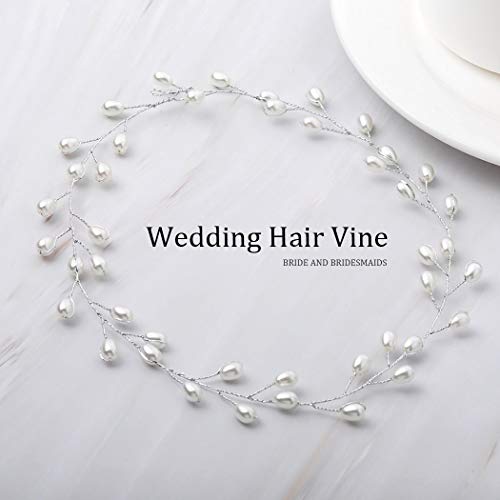 Catery Bride Wedding Headband Pearl Hair Vine Braid Headpieces Bridal Hair Accessories for Women(Sliver) - Image 2