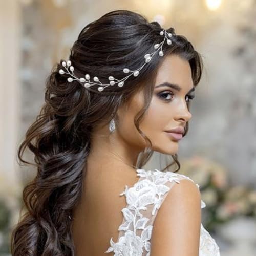 Catery Bride Wedding Headband Pearl Hair Vine Braid Headpieces Bridal Hair Accessories for Women(Sliver) - Image 4
