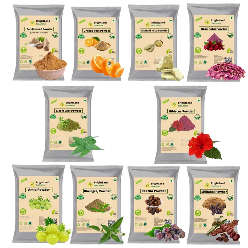Brightland Multani Mitti powder Sandalwood Orange Peel Neem Rose Amla Reetha Shikakai Bhringraj Hibiscus powder face packhair pack 40g Each 400gm - Image 1