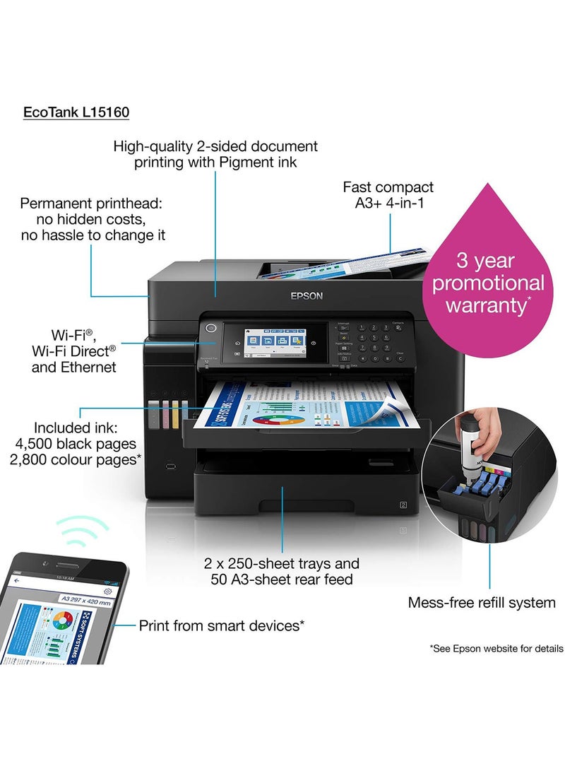 EPSON EcoTank L15160 A3+ 4-in-1 Print, Scan, Copy, Fax Wireless Inktank Business Printer Black - Image 3