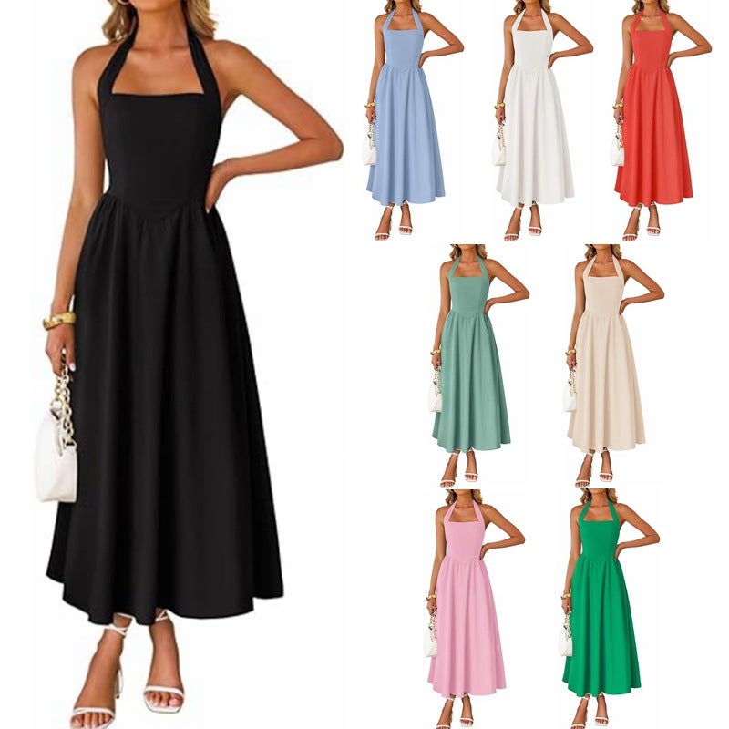 2026 Women's Sleeveless Halter Neck Off-Shoulder Ruched High-Waist Pocket A-Line Dress