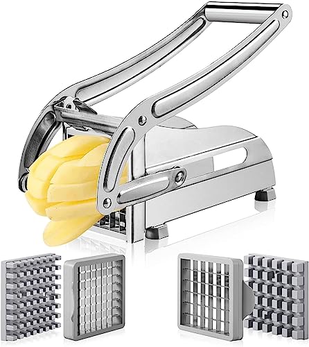 قاطع البطاطس GOTOTOP من الفولاذ المقاوم للصدأ، مقطع الخضار، شريحة البطاطس، مبشرة البطاطس، قاطع الرقائق مع 2 شفرة بديلة وأقدام غير قابلة للانزلاق للاستخدام التجاري والعائلي، سهل الاستخدام