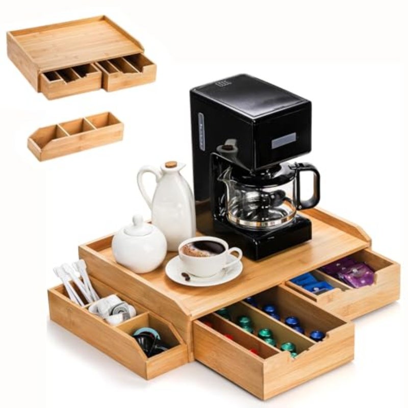Bamboo Drawer Organizer for Coffee Pods, Adjustable Dividers with Side Storage, Countertop Organizer for Kitchen, Office, Coffee Bar, Compatible with 40 Big or 56 Small Pods, Natural, No Assembly - Image 1