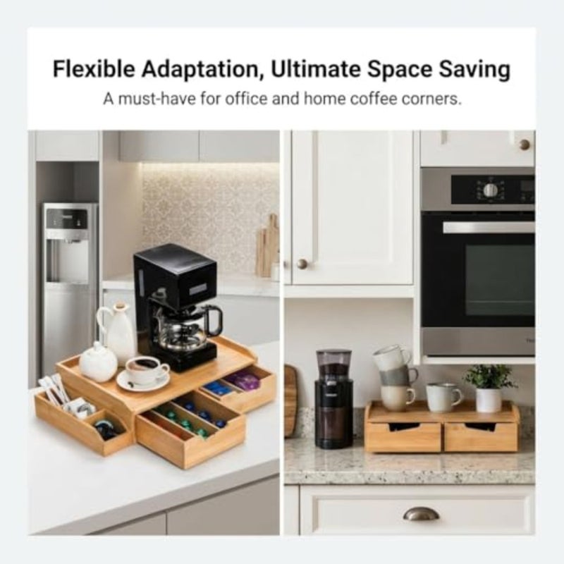Bamboo Drawer Organizer for Coffee Pods, Adjustable Dividers with Side Storage, Countertop Organizer for Kitchen, Office, Coffee Bar, Compatible with 40 Big or 56 Small Pods, Natural, No Assembly - Image 4