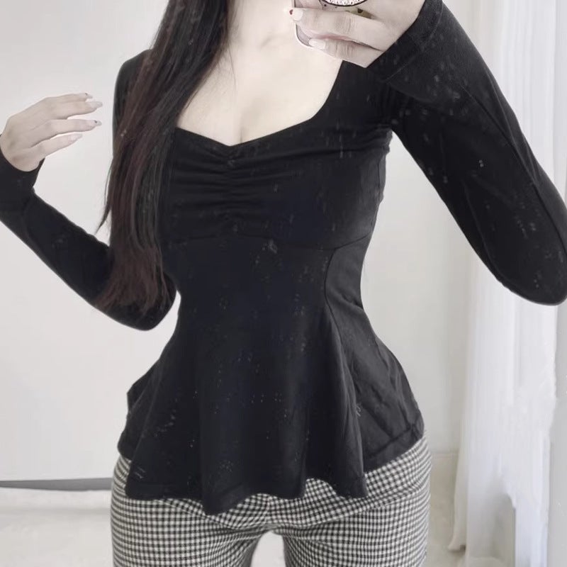 South Korea Dongdaemun Women'S New Elegant Commuter Waisted Pleated V-Neck Figure Long Sleeve T-Shirt Top - Image 1