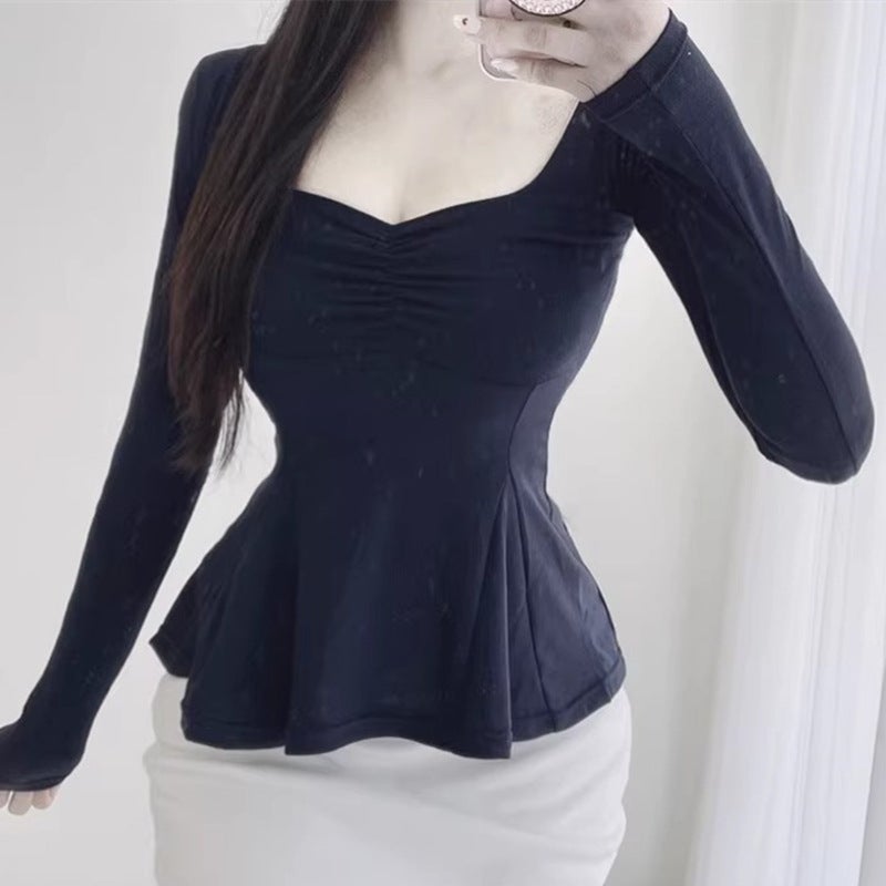 South Korea Dongdaemun Women'S New Elegant Commuter Waisted Pleated V-Neck Figure Long Sleeve T-Shirt Top - Image 3