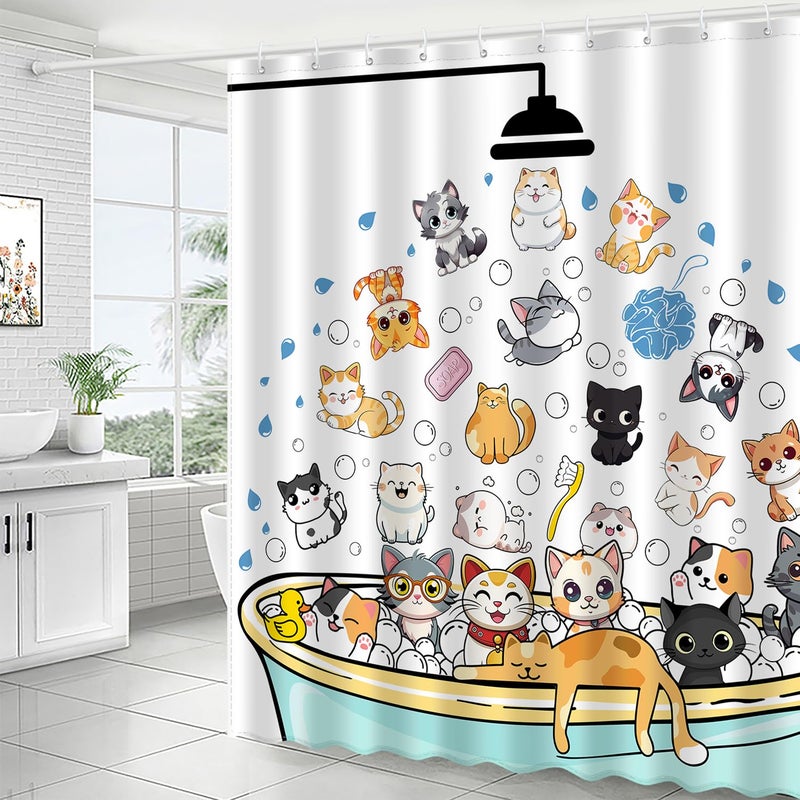 JWXCBIM Cute Cat Shower Curtain Set, Funny Cartoon Kids Home Bathroom Decor Polyester Waterproof Fabric Bath Curtain with 12 Hooks 72x72 Inches - Image 2