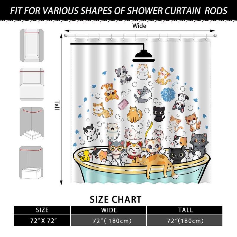JWXCBIM Cute Cat Shower Curtain Set, Funny Cartoon Kids Home Bathroom Decor Polyester Waterproof Fabric Bath Curtain with 12 Hooks 72x72 Inches - Image 3