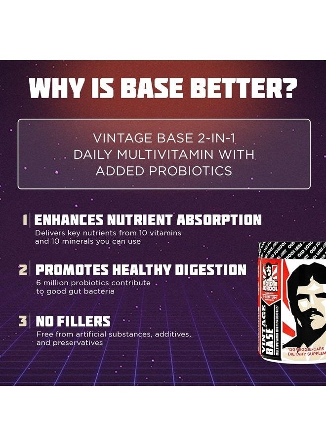Old School Labs Old School Vintage Base 2-in-1 Multivitamin & Probiotic, Daily Vitamins & Minerals for Optimized Digestion, Intestinal Flora, Immune, Vitamin D3, C, & Zinc for Men & Women - 120 Veggie Caps  - Image 2