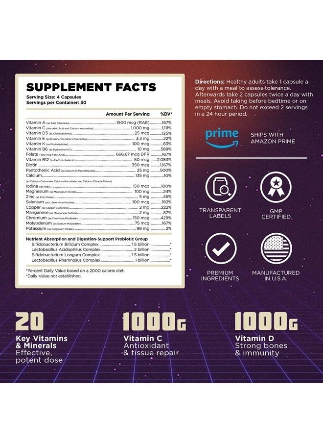 Old School Labs Old School Vintage Base 2-in-1 Multivitamin & Probiotic, Daily Vitamins & Minerals for Optimized Digestion, Intestinal Flora, Immune, Vitamin D3, C, & Zinc for Men & Women - 120 Veggie Caps  - Image 3