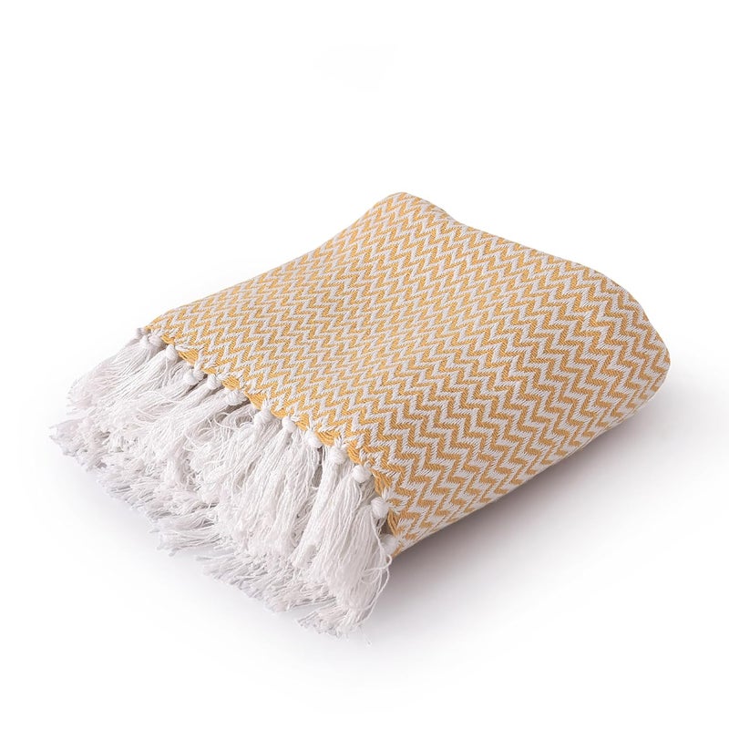 SASHAA WORLD Chevron Delight Yellow Ivory Versatile Cotton Throw Blanket Ideal for Living Room Sofa Bed and Chair 180X130 Cm - Image 1