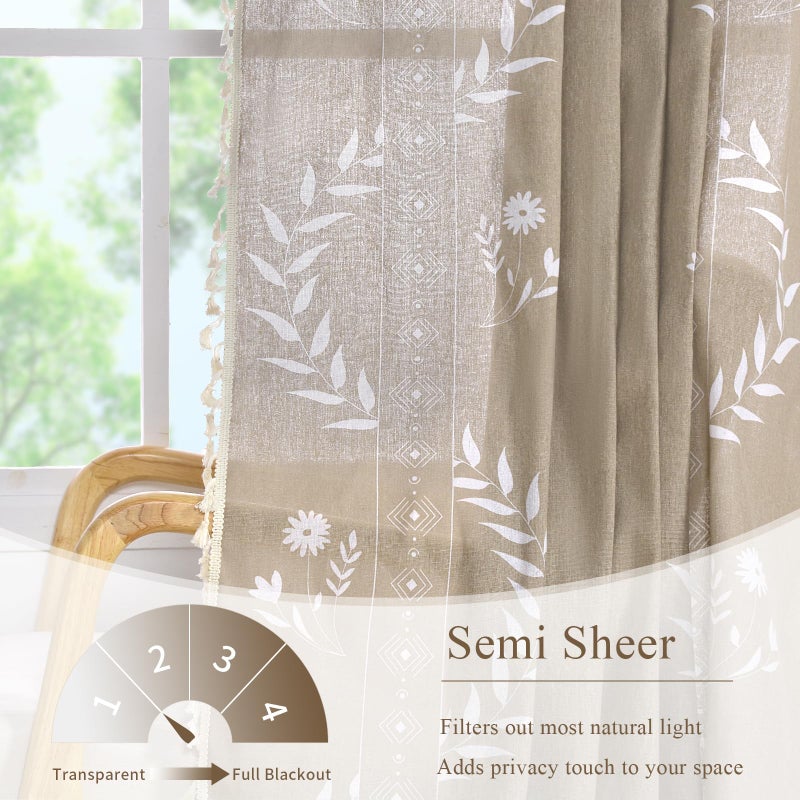 Schweek Tan Boho Curtains for Living Room 84 Inches Long 2 Panels Linen Floral Cute Curtains Semi Sheer Country Rustic Window Western Curtain - Image 3