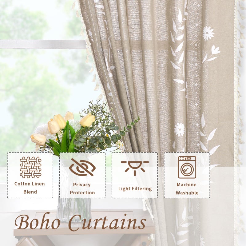 Schweek Tan Boho Curtains for Living Room 84 Inches Long 2 Panels Linen Floral Cute Curtains Semi Sheer Country Rustic Window Western Curtain - Image 4
