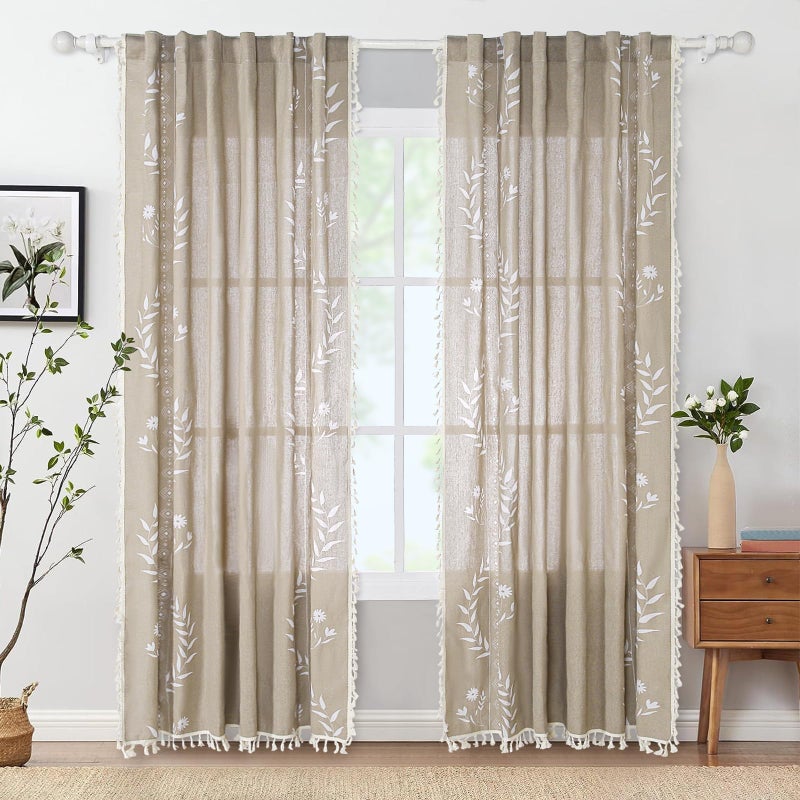 Schweek Tan Boho Curtains for Living Room 84 Inches Long 2 Panels Linen Floral Cute Curtains Semi Sheer Country Rustic Window Western Curtain - Image 2