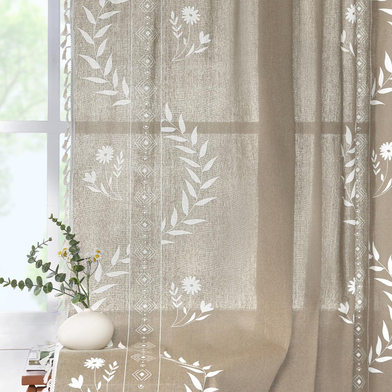 Schweek Tan Boho Curtains for Living Room 84 Inches Long 2 Panels Linen Floral Cute Curtains Semi Sheer Country Rustic Window Western Curtain - Image 1