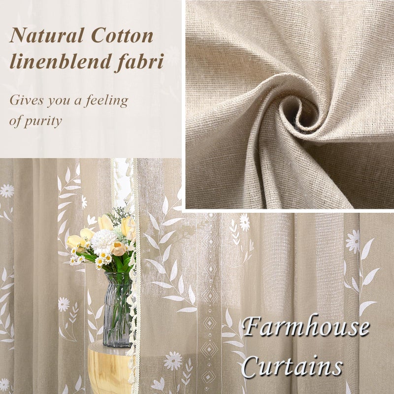 Schweek Tan Boho Curtains for Living Room 84 Inches Long 2 Panels Linen Floral Cute Curtains Semi Sheer Country Rustic Window Western Curtain - Image 5