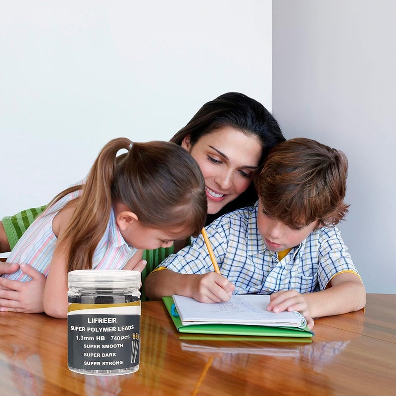 Lifreer 1.3mm Unbreakable Pencil Refills (740 Pcs), 2 Premium Erasers, Long Lasting HB Pencil Lead for Students & Professionals - Image 2