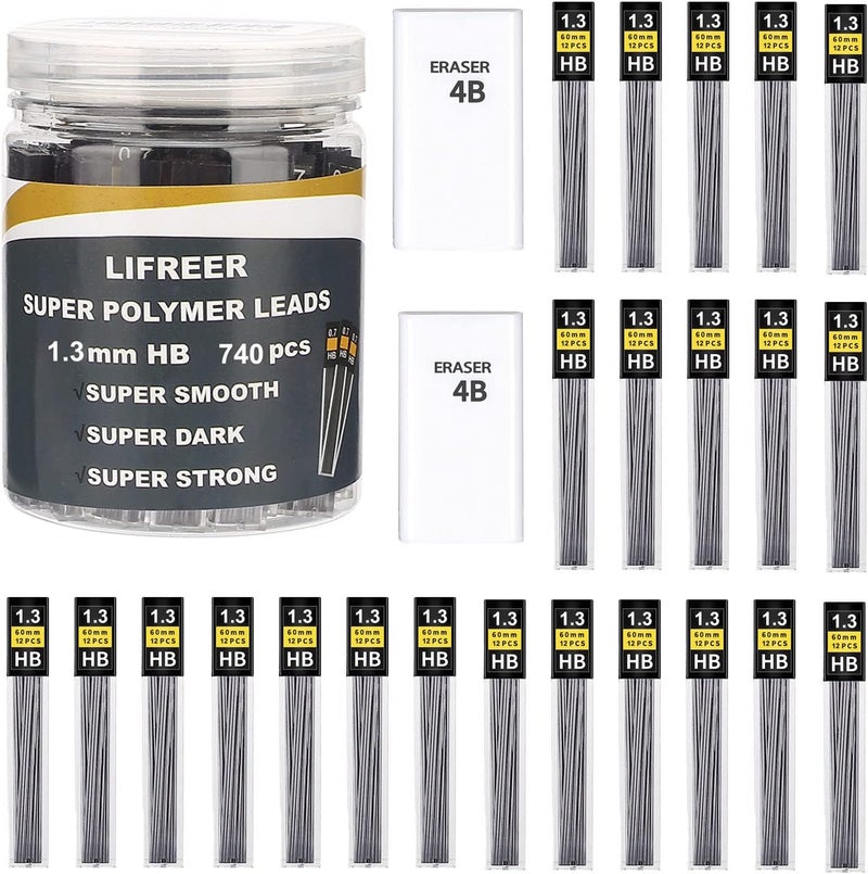 Lifreer 1.3mm Unbreakable Pencil Refills (740 Pcs), 2 Premium Erasers, Long Lasting HB Pencil Lead for Students & Professionals - Image 1