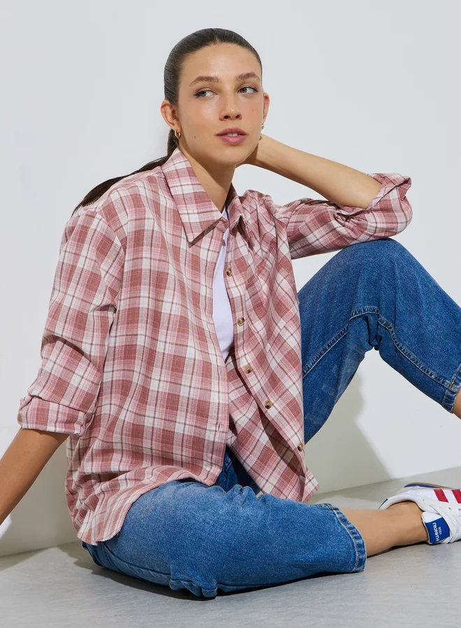 ستايلي Pink Longline Plaid Oversized Shirt