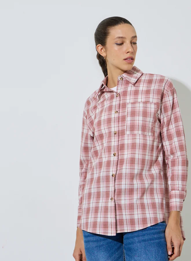 ستايلي Pink Longline Plaid Oversized Shirt