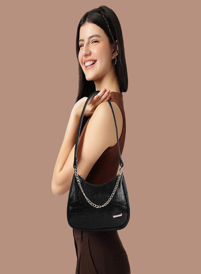 CULT FACTORY Leather Sling Bag for Women Round Sling Bag for Women Croco Design Side Handbag (Black) - Image 3