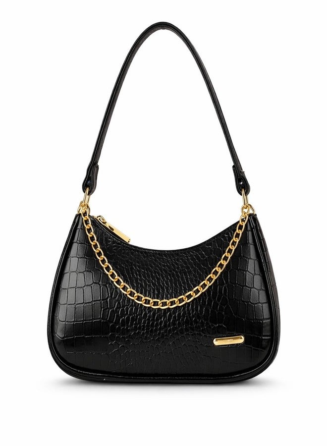 CULT FACTORY Leather Sling Bag for Women Round Sling Bag for Women Croco Design Side Handbag (Black) - Image 1