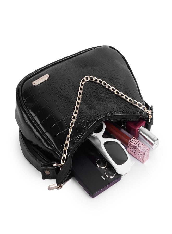 CULT FACTORY Leather Sling Bag for Women Round Sling Bag for Women Croco Design Side Handbag (Black) - Image 4