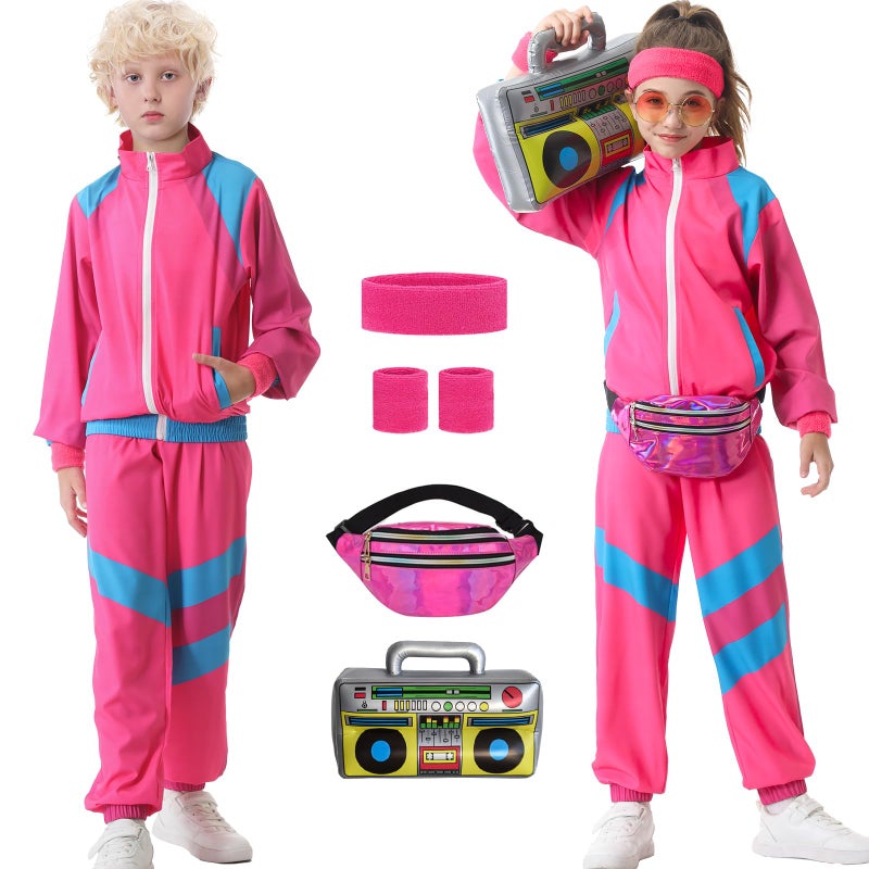 TIMSOPHIA 80s Tracksuit for Kids, 90s Outfits Boys Girls 6PCS Hip Hop Dance Costume, Colorblock Jacket for Retro Theme Party (Pink, 11-12 years) - Image 1