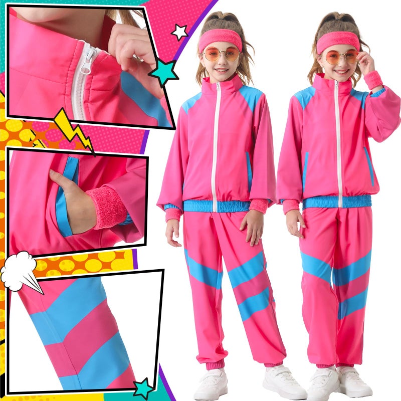 TIMSOPHIA 80s Tracksuit for Kids, 90s Outfits Boys Girls 6PCS Hip Hop Dance Costume, Colorblock Jacket for Retro Theme Party (Pink, 11-12 years) - Image 2