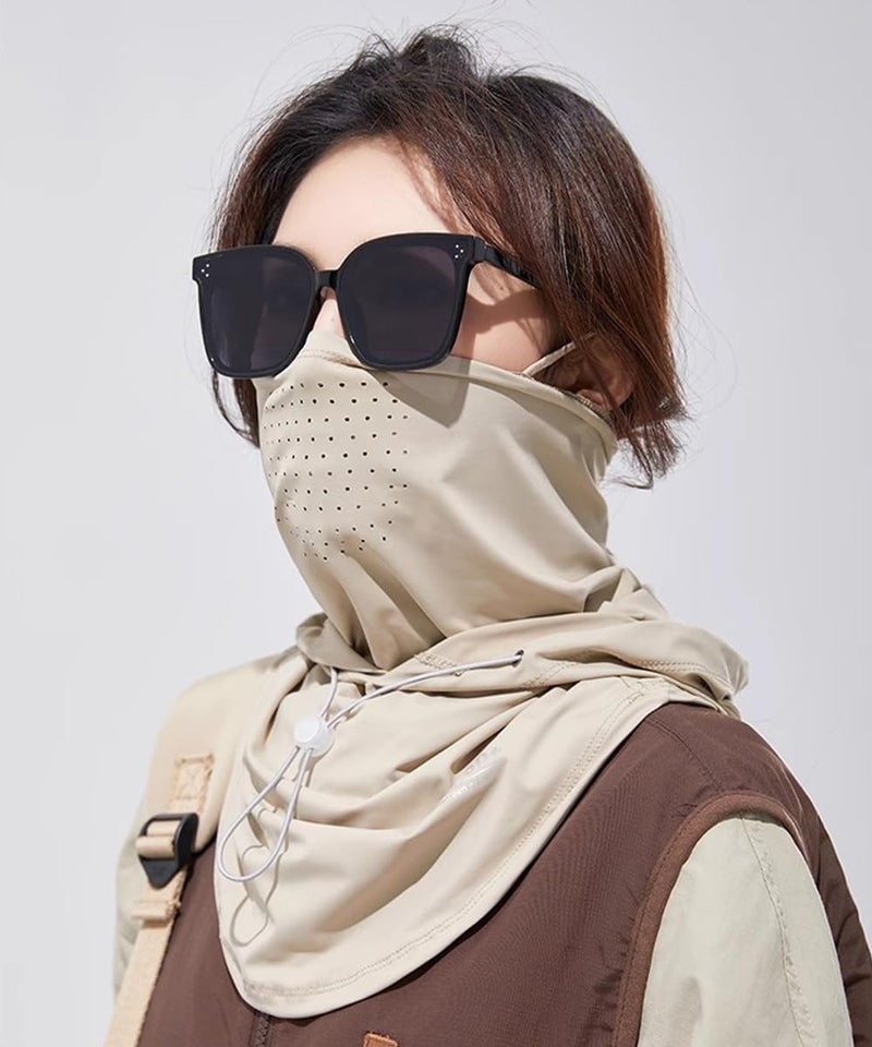 BSYLOO Women's UV Protection Balaclava Hat with Neck Guard & Face Mask for Cycling, Travel & Outdoor Activities Light Khaki - Image 2