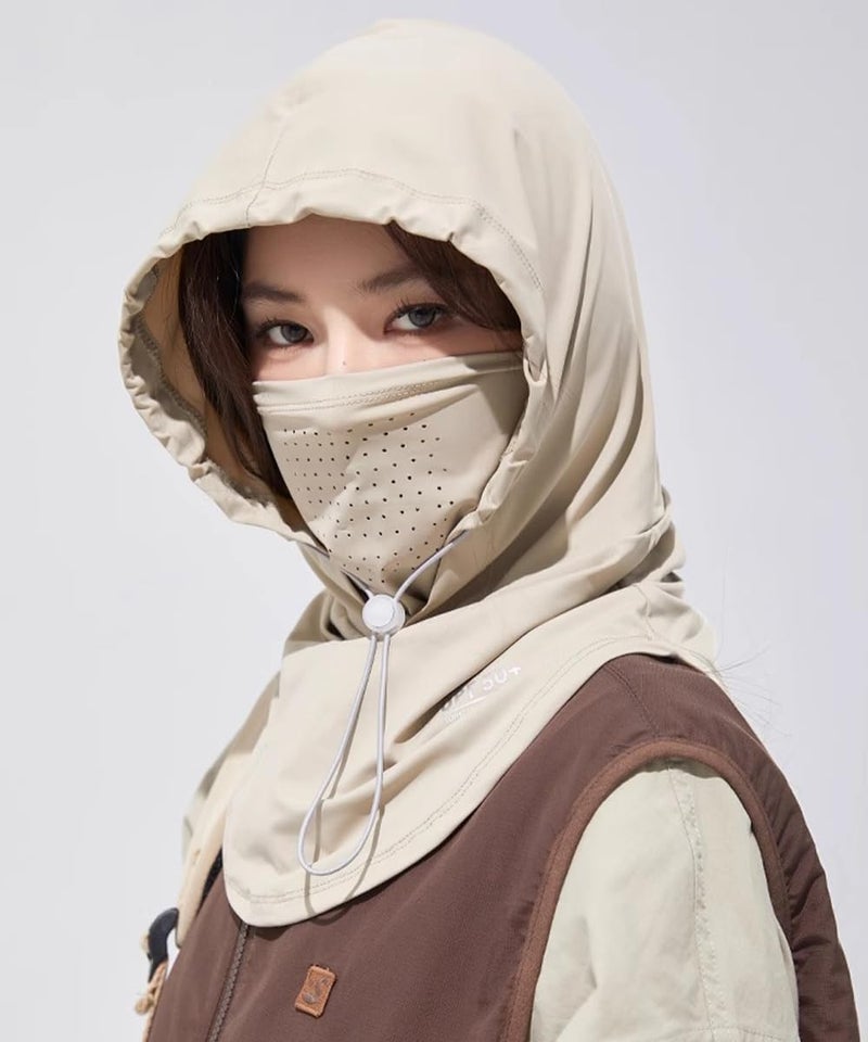 BSYLOO Women's UV Protection Balaclava Hat with Neck Guard & Face Mask for Cycling, Travel & Outdoor Activities Light Khaki - Image 3
