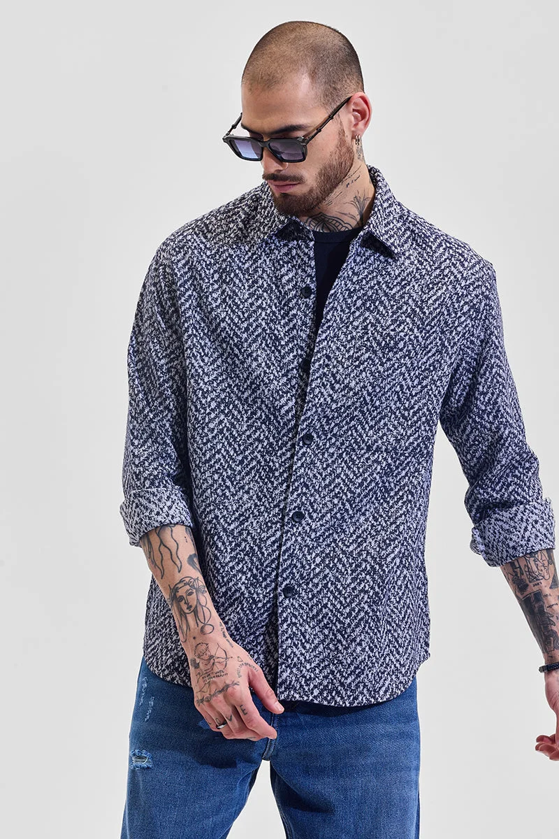 سنيتش Navy Abstract Long Sleeve Relaxed Casual Overshirt